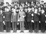 Students from Beiping presenting Chiang Kaishek a sword forged with funding donated by fellow students, auditorium of the Republic of China Military Academy, Nanjing, China, Feb 1937