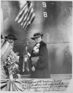 Eleanor Roosevelt at the launching ceremony of carrier Yorktown, Newport News, Virginia, United States, 4 Apr 1936