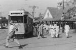 Street car and civilians, Calcutta, India, late 1944