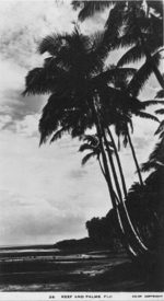 Postcard featuring beach scenery, Fiji, 1940s