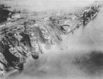 Overhead view of Bremer Vulkan slips and equipping pier, Bremen, Germany, circa 1930