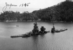 Hyuga in shallow water, near Kure, Japan, 1945