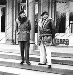 Canadian General Guy Simonds, temporary commander of the First Canadian Army during Crerar’s illness, meeting with Field Marshal Bernard Montgomery in Belgium, 30 Oct 1944. Note the censor’s markings.