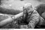 German soldier with Panzerschreck launcher and gas mask, southern Ukraine, circa Dec 1943-Jan 1944, photo 2 of 2