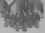 Group portrait of the leaders of the Japanese puppet Reformed Government of the Republic of China, New Asia Hotel, Shanghai, China, 28 Mar 1938; head of Executive Yuan Wen Zongyao (left) and head of Legislative Yuan Liang Hongzhi (right) in front row