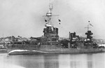 Cruiser USS Northampton arriving at Brisbane, Australia, 5 Aug 1941. Note her false bow wave camouflage. Photo 2 of 2.