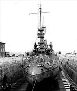 Battleship USS Oregon in drydock at the Puget Sound Naval Shipyard, Bremerton, Washington, United States, 2 Mar 1913. Photo 1 of 2.