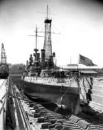 Battleship USS Oregon in drydock at the Mare Island Naval Shipyard, Vallejo, California, United States, Sep 1917.