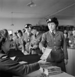 Leading Aircraftwoman Vera Blackbee arriving at the WAAF Demobilisation Centre, RAF Wythall, Worcestershire, England, United Kingdom, 1945