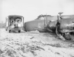 Crashed Halifax III bomber at RAF Full Sutton, England, United Kingdom, early Jan 1945