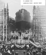 The hull of what would become the escort carrier USS Bogue sliding down Way #1 at the Todd Shipyard, Tacoma, Washington, United States, 15 Jan 1942.