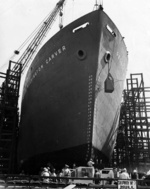 George Washington Carver sliding down the shipway after launching, Yard No. 1, Kaiser Richmond Shipyards, Richmond, California, United States, 7 May 1943