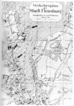 Map of Flensburg, Germany, circa 1925; note Flensburger Schiffbau old shipyard (alte-werft) and new shipyard (neue-werft) marked with arrows