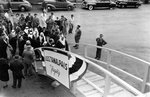 Marinship Company president Stephen Bechtel, Sr., left, and HRH Prince Faisal Ibn Abdul Aziz of Saudi Arabia and his party boarding the tanker Tamalpais at the Marinship yard, Sausalito, California, 25 Apr 1945.