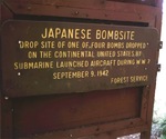 United States Forest Service sign marking the spot where the United States suffered the first aerial bombing attack in history, Mount Emily, Oregon, United States. 2003 photo.