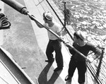 Sailors cleaning a 5-inch gun barrel aboard USS Nicholas following action on 13 May 1943.