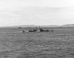 USS St. Louis at Guam, Mariana Islands painted in Measure 32, Design 2C “Dazzle” paint, 1944.