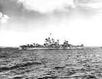 USS Honolulu departing Espiritu Santo, New Hebrides with a new false bow 7 Aug 1943 bound for Pearl Harbor, Hawaii. Honolulu was damaged by a torpedo in the Battle of Kolombangara, 13 Jul 1943.