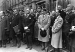 Reich government during the celebration for the First of May 1933 in the Berlin Lustgarten. Left to right are Meissner (with book), von Papen, Blomberg, Hitler, and Goebbels.