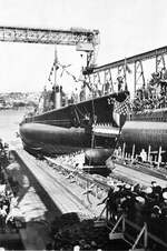 Gato-class submarine Silversides sliding down the ways at Mare Island Naval Shipyard, Vallejo, California, United States, 26 Aug 1941.