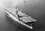 USS Steamer Bay in Apr 1944, location uncertain. Note the single catapult on the flight deck’s port side.