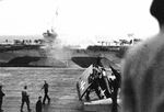 Near collision between two Casablanca-class escort carriers at Ulithi, 6 Nov 1944. USS Bismarck Sea broke loose from her anchor and drifted to within 15 feet of USS Sargent Bay (foreground) before regaining control.