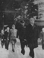 Prime Minister Kantaro Suzuki (foreground) with his ministers Mitsumasa Yonai, Korechika Anami, and others, Ise Grand Shrine, Ise, Mie Prefecture, Japan, 15 Jun 1945