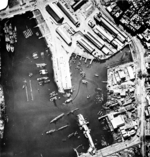 Aerial view of Casablanca harbor, French Morocco, circa 9 Nov 1942; note Jean Bart at left edge of photograph