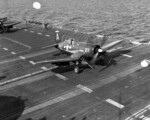 F4U-4 Corsair fighter prepared to take off from USS Boxer, off Korea, 6 Jul 1951