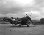 F4U-5N Corsair fighter of US Marine Corps squadron VMF(N)-513 at rest, Wonsan, Korea, 2 Nov 1950, photo 1 of 2. Note the HVAR rockets.