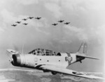 Torpedo Squadron 6 TBD-1 Devastator aircraft of USS Enterprise in flight in foreground, with an additional nine TBD-1 aircraft in background, 1938