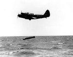 TBD-1 Devastator aircraft 6-T-4 of Torpedo Squadron 6 dropped a Mark XIII torpedo during exercises in the Pacific, 20 Oct 1941