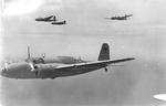 Ki-21 bombers in flight over Shizuoka Prefecture, Japan, circa 1940s