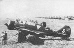 PZL.23A light bombers at Okęcie Airport, Warsaw, Poland, late 1930s; note PZL.7 or PZL.11 fighters in the background