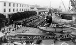 Indianapolis tied up to a wharf at Rio de Janeiro, Brazil, with US President Franklin D. Roosevelt onboard, 27 Nov 1936; note SOC floatplane on catapult