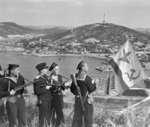 Soviet naval infantrymen flying the navy ensign at Port Arthur (Ryojun or Lushunkou), Liaoning, China, 1 Oct 1945