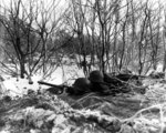 Machine gun post manned by men of 1st Battalion, 157th Regiment, US 45th Division, Niederbronn-les-Bains, France, 10 Dec 1944; note M1919 Browning machine gun