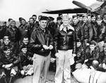 Captain Marc Mitscher speaking with Lieutenant Colonel James Doolittle aboard USS Hornet, 18 Apr 1942, photo 1 of 3