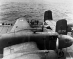 B-25 Mitchell bombers and air crewmen on the flight deck of USS Hornet, Apr 1942, photo 1 of 3