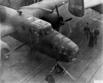 B-25 Mitchell bombers and air crewmen on the flight deck of USS Hornet, Apr 1942, photo 3 of 3