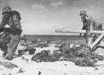 American Marines negotiating Japanese-laid barb wire, Betio, Tarawa Atoll, 21 Nov 1943