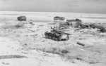 Wrecks of American LVT landing craft and Japanese Type 95 Ha-Go tank on the invasion beach at Tarawa, Gilbert Islands, Nov 1943