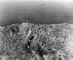 Aerial photograph of American flag atop Mount Suribachi, Iwo Jima, Japan, 23 Feb 1945