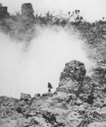 Lone US Marine in rocky terrain, Iwo Jima, Japan, Feb 1945