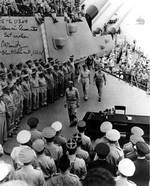 MacArthur and Nimitz aboard USS Missouri, 2 Sep 1945. Photo 2 of 3