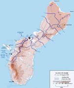 Map of Guam, Mariana Islands and American advances on the island between 21 Jul and 10 Aug 1944