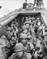 American troops aboard a landing craft en route to the beaches near Oran, Algeria, 8 Nov 1942