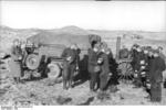 German Army artillery troops getting hot food from a mobile field kitchen, Denmark, 1940