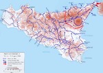 Map noting the Allied advances in Sicily, Italy, 12 Jul to 17 Aug 1943