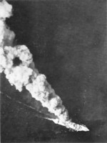 Japanese ship Kyokusei Maru burning after being attacked by the US 5th Air Force during the Battle of Bismarck Sea, 4 Mar 1943